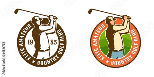 Golf player with club vintage sport emblem. Golfer retro badge. Vector illustration.