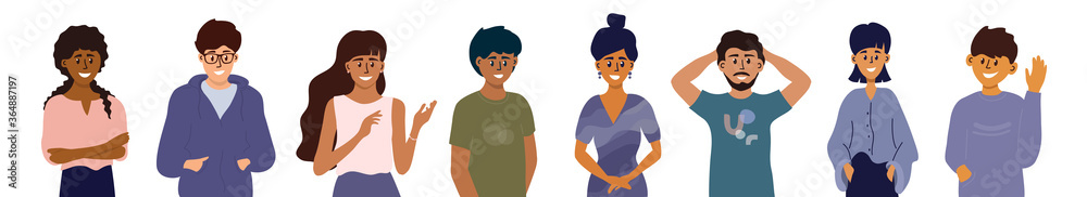 Multinational group of young people diverse gender, cultures and ethnicities. Portraits of multicultural characters isolated in white background. Different gestures. Men and women vector illustration Multinational group of young people diverse gender, cultures and ethnicities. Portraits of multicultural characters isolated in white background. Different gestures. Men and women vector illustration