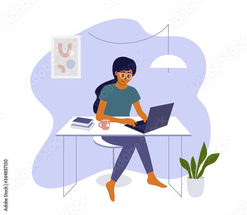 Young woman working or studying at home using laptop. Student girl or freelancer sitting behind table. Online education, remote learning. Cozy workplace, home office in apartment. Vector illustration