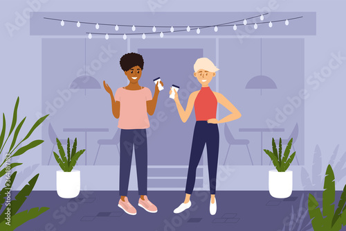 Two young women different ethnicities drink cup of coffee outside cafe house. People have small talk on street. City lifestyle, break of work, meeting friends. Daily morning ritual vector illustration