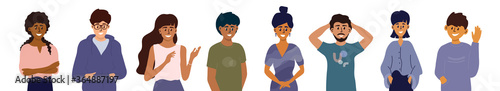 Multinational group of young people diverse gender, cultures and ethnicities. Portraits of multicultural characters isolated in white background. Different gestures. Men and women vector illustration