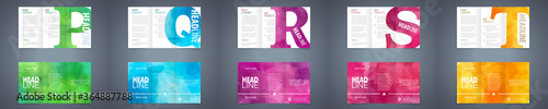 Vector trifold brochure design template set with colorful watercolor background and letter design element. Best corporate style layout