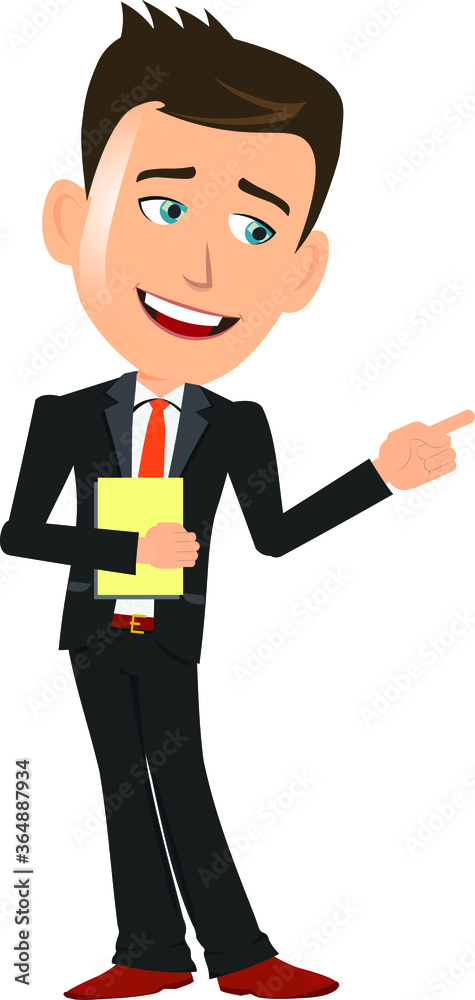 Cute Joyful Teacher mentor trainer businessman manager employee wearing suit indicating pointing with smile paper in other hand Cute Joyful Teacher mentor trainer businessman manager employee wearing suit indicating pointing with smile paper in other hand
