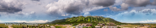 Amazing panoramic sunset aerial view of Jackson Hole cityscape in summertime, WY, USA photo