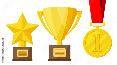 Trophy and awards icons set. Cups, medals and ribbons for winners. Different gold trophy for competitions. Award, victory, goal, champion achievement. Vector illustration in flat style