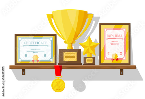 Trophy and awards collection on wooden shelf. Diploma and certificate in frames. Competition prizes, cups and medals. Award, victory, goal, champion achievement. Vector illustration in flat style