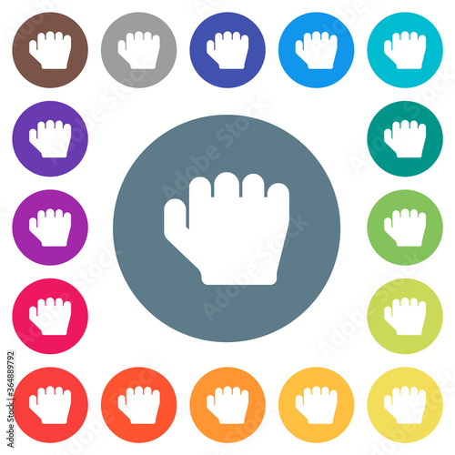 Right handed grab gesture flat white icons on round color backgrounds