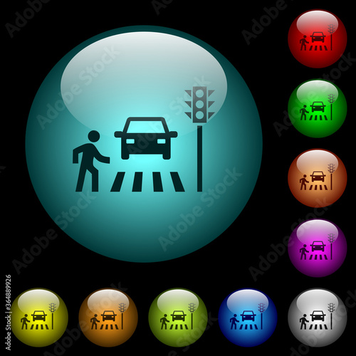 Pedestrian crossing icons in color illuminated glass buttons