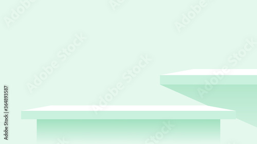 wood plank shelf on wall green pastel soft color, modern shelf for display show on space wall room, cute and chic counter desk panel for decoration, empty table top panel green, background copy space