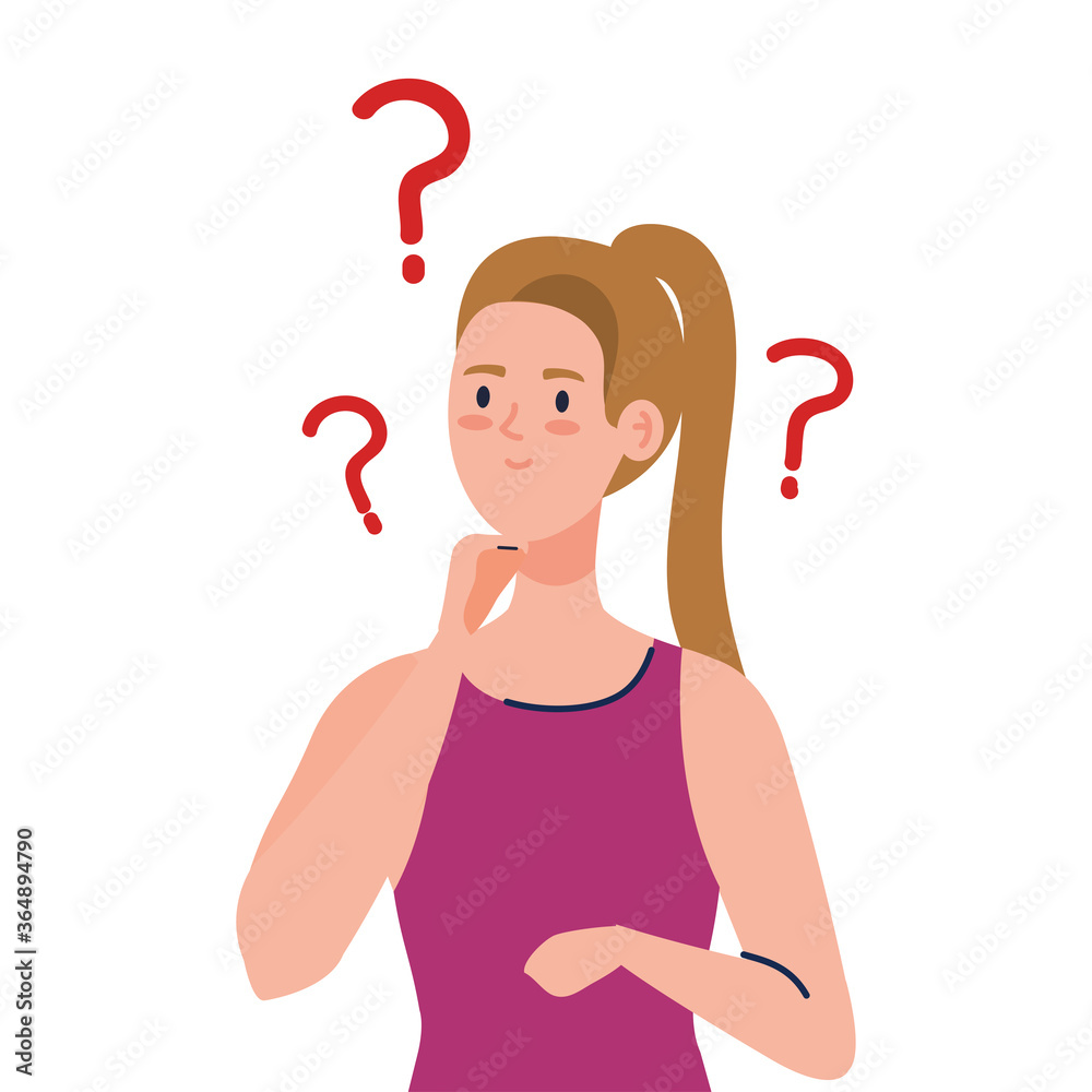 Woman avatar thinking with question marks design, Idea creativity genius and imagination theme Vector illustration Woman avatar thinking with question marks design, Idea creativity genius and imagination theme Vector illustration