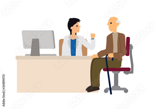 Young female doctor giving medical consultation diagnostic to elderly senior man in hospital office.