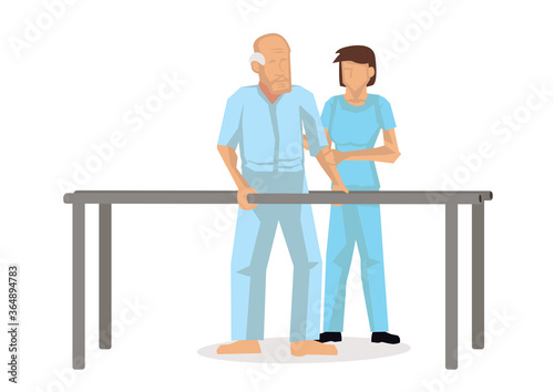 Physiotherapist standing by an old patient walking during a rehabilitation therapy.