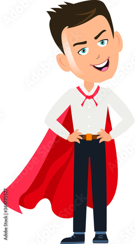 Man businessman salesman manager person standing in superhero pose with red clothes flying back
