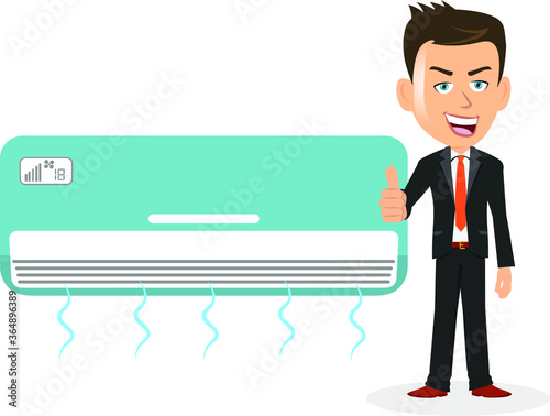 Man salesman businessman user customer giving thumbs up in front of air conditioner ac