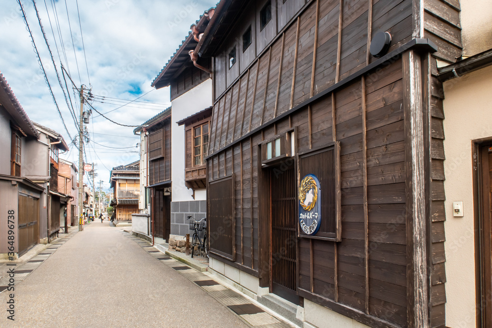 Kanazawa, Japan. Higashi Chaya Geisha district with old wooden houses, teahouses, geisha performances and shops.