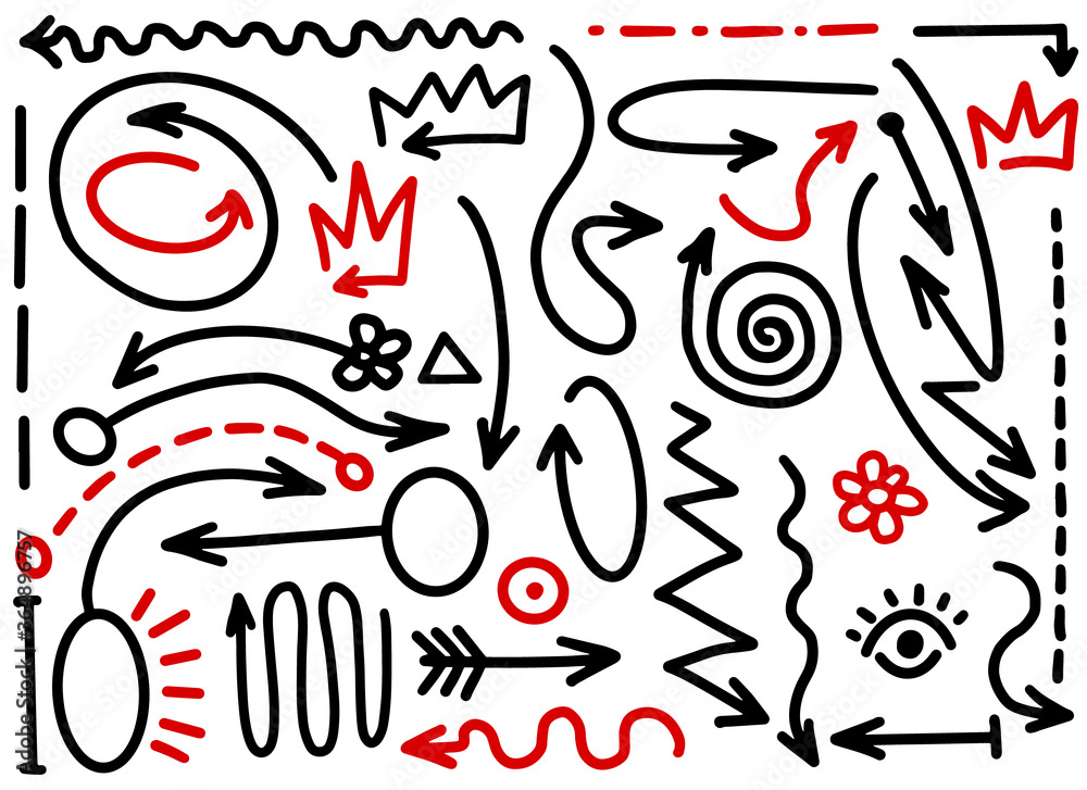 Fototapeta premium Vector doodle arrow, sketch hand drawn line. Set graphic icon. Pencil, pen outline. Curve direction cartoon design black red element on white background. Flower, crown, eye, circle shape, simple art