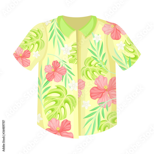 Bright Shirt with Short Sleeves and Exotic Flora as Hawaiian Clothing Vector Illustration