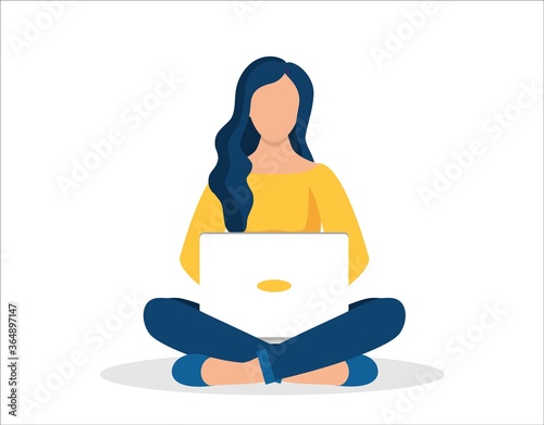 Woman with laptop sitting isolated on white background with crossed legs. Freelance or studying concept. web page design template for online education, training. Vector illustration in flat style