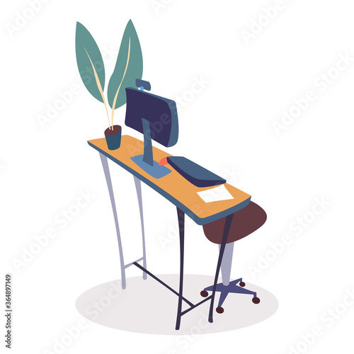 Personal computer on table vector. Laptop with keyboard to work online via internet. Digital device and paper document on desk. Freelance or office job. Furniture at workplace, table, chair and plant