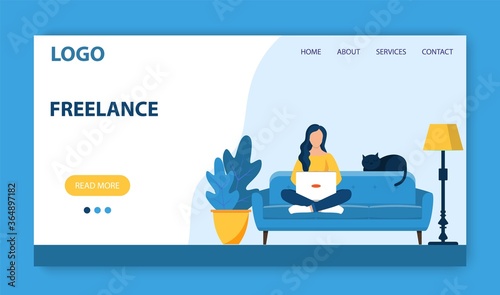 Freelance work landing page template. Concept design for poster, banner, flyer, web page. Woman with laptop sitting on the chair with crossed legs. Vector illustration in flat style