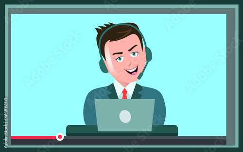 News reader man reading news broadcasting giving speech with headphone and laptop in a video