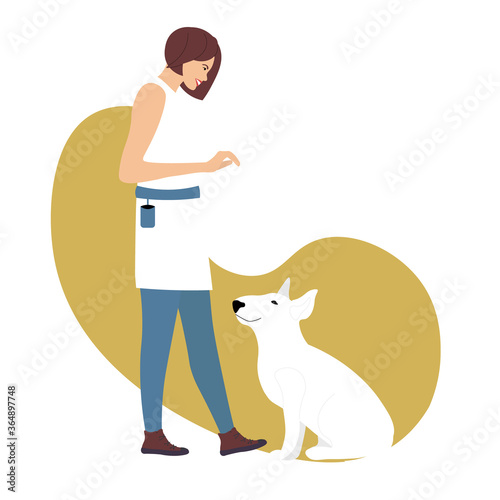 Girl training her dog bull terier. Activity walk with pets.  Pet care concept. Vector illystration in flat style