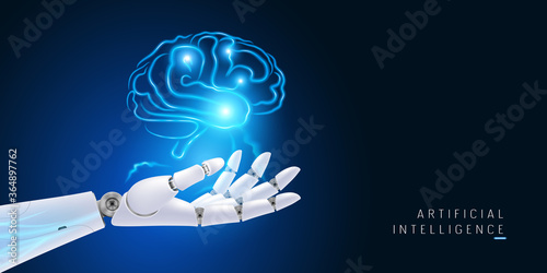 Digital artificial brain and hand of futuristic robot vector background, illustration