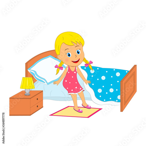 little cartoon girl waking up,illustration,vector