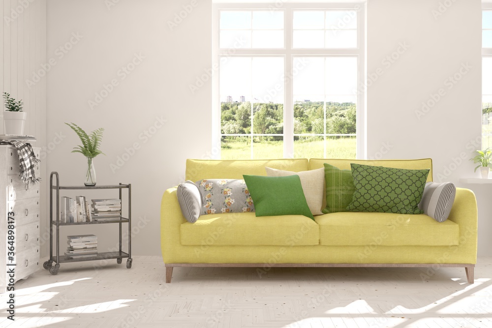 Fototapeta premium Idea of white room with sofa and summer landscape in window. Scandinavian interior design. 3D illustration