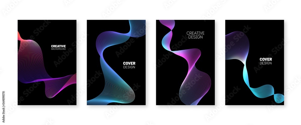 Futuristic dynamic wave abstract cover design template. Vector set of fluid line posters. Neon colors