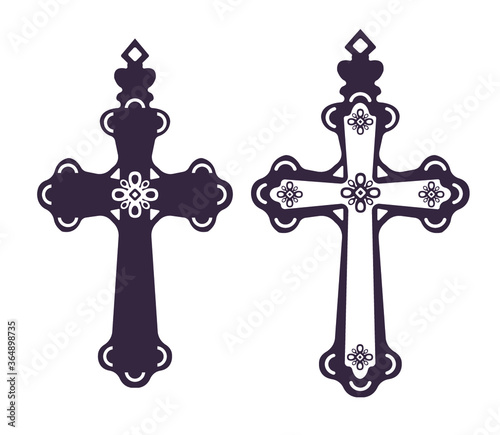 Catholic christian religious cross with ornament vector icons.