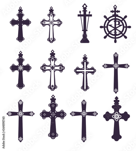 Catholic christian religious cross with ornament vector icons.