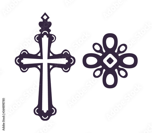 Catholic christian religious cross with ornament vector icons.