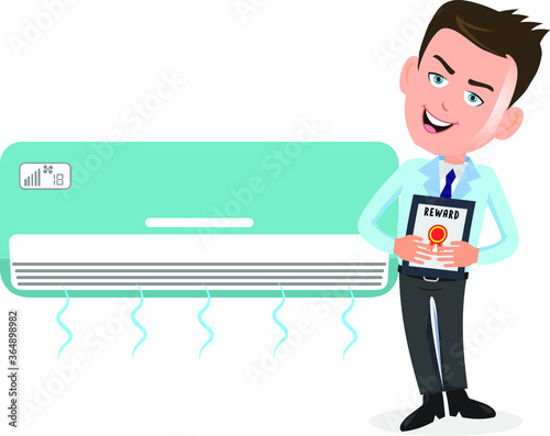 salesman person businessman holding award certificate achievement acknowledgement in front of air conditioner ac