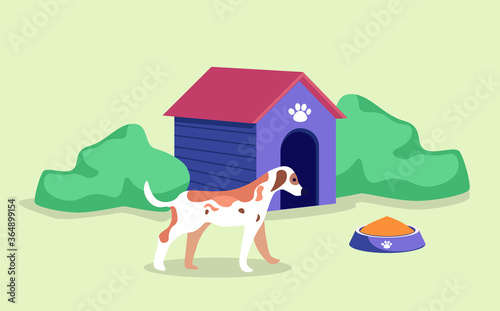 Doghouse or dog kennel with adorable pet, bowl with canine food, green bushes round puppies house. Vector illustration in flat cartoon style of pedigreed dog near his home, paw print on roof