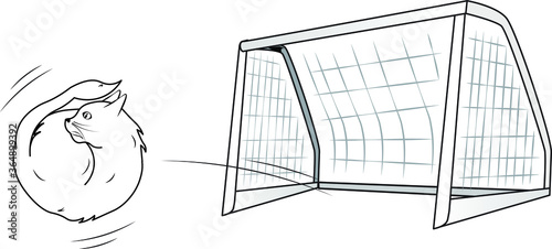 Funny Black and White Cartoon Illustration of a Cat as a Soccer Ball Going to Goal Post