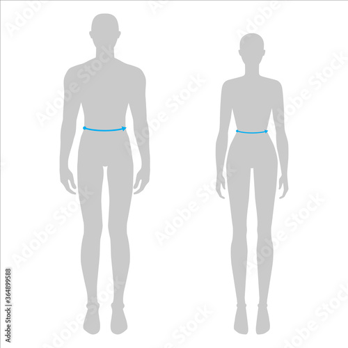 Women and men to do waist measurement fashion Illustration for size chart. 7.5 head size girl and boy for site or online shop. Human body infographic template for clothes. 