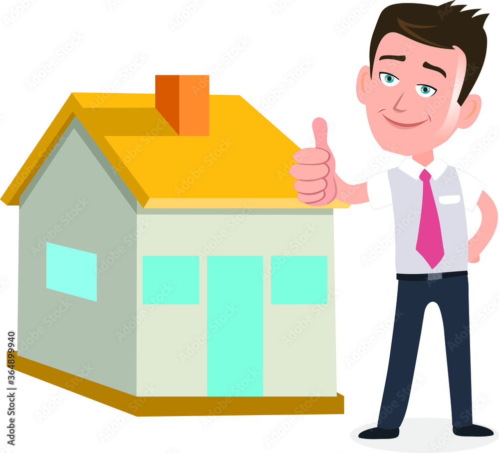 Smart Salesman agent businessman showing thumbs up in front of a house real-estate business Smart Salesman agent businessman showing thumbs up in front of a house real-estate business