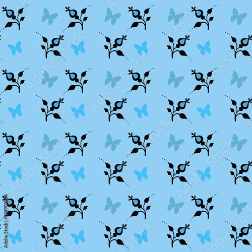Simple seamless floral pattern with rose hip flowers and butterflies for paper packaging, wallpaper, clothes, bedding.
