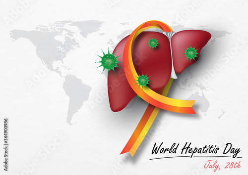 Human liver with symbols of virus in a campaign ribbon and wording of World Hepatitis Day, on world map and white background. Poster's campaign in 3d style and vector design.