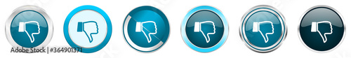 Dislike silver metallic chrome border icons in 6 options, set of web blue round buttons isolated on white background