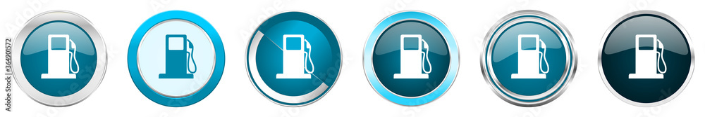 Petrol silver metallic chrome border icons in 6 options, set of web blue round buttons isolated on white background Petrol silver metallic chrome border icons in 6 options, set of web blue round buttons isolated on white background
