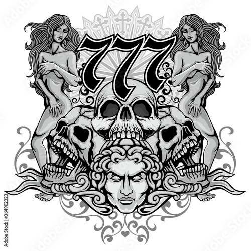 Gothic sign with skull and antique girls, grunge vintage design t shirts