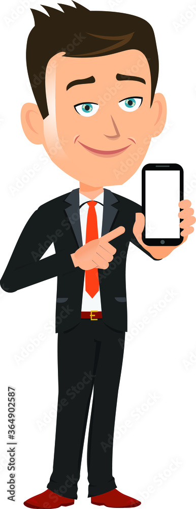 Vector illustration of a businessman manager ceo employee worker salesman holding a smartphone mobile phone indicating blank empty screen