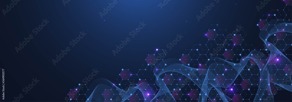 Technology abstract lines and dots connect background with hexagons. Hexagon grid. Hexagons connection digital data and big data concept. Hex digital data visualization. Vector illustration. - obrazy, fototapety, plakaty 