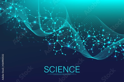 Molecular structure background. Science template wallpaper or banner with a DNA molecules. Asbtract scientific molecule background. Wave flow, innovation pattern. Vector illustration.