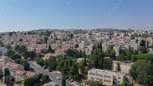 North Jerusalem Ramot neighbourhood with red rooftops, aerial view jewish orthodox neighbourhood, July,2020 