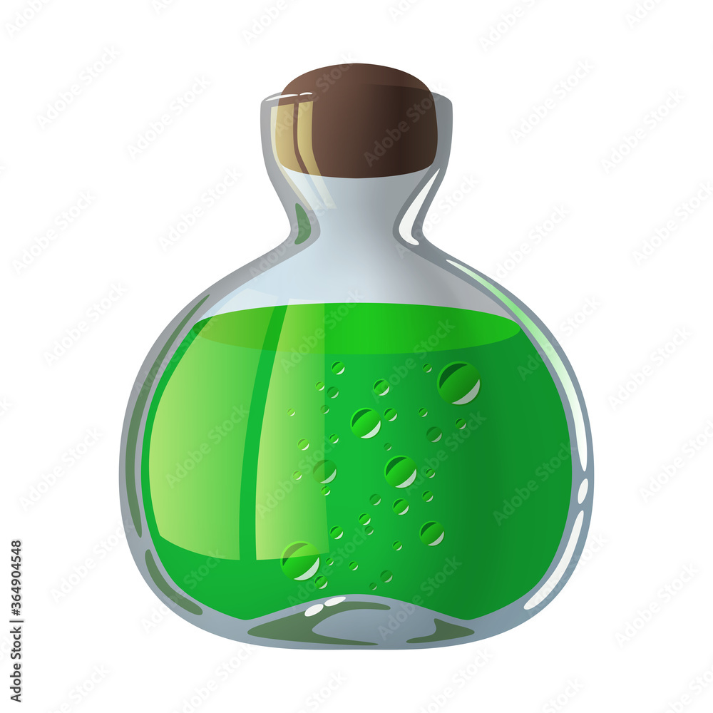 Glass bottle with green potion, poison, magic elixir. Glass bottle with green potion, poison, magic elixir.