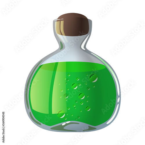 Glass bottle with green potion, poison, magic elixir.