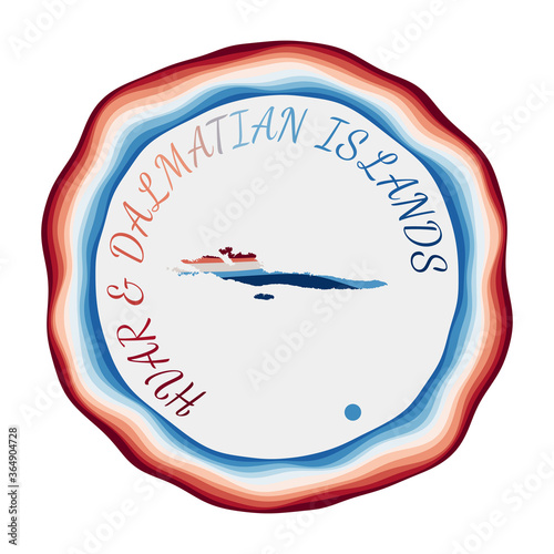 Hvar & Dalmatian Islands badge. Map of the island with beautiful geometric waves and vibrant red blue frame. Vivid round Hvar & Dalmatian Islands logo. Vector illustration.